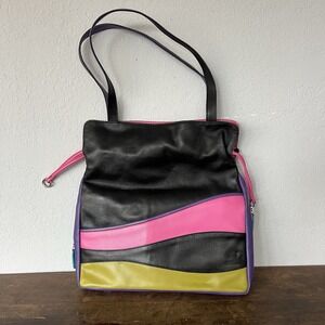 ILI New York Genuine Leather Color Block Purse Drawstring‎ Shoulder Y2K 90's